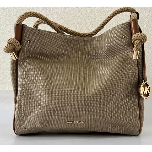 NWT Michael Kors Gold Isla Large Metallic Shoulder Bag  Rope Coastal Beach Boho - Picture 1 of 16